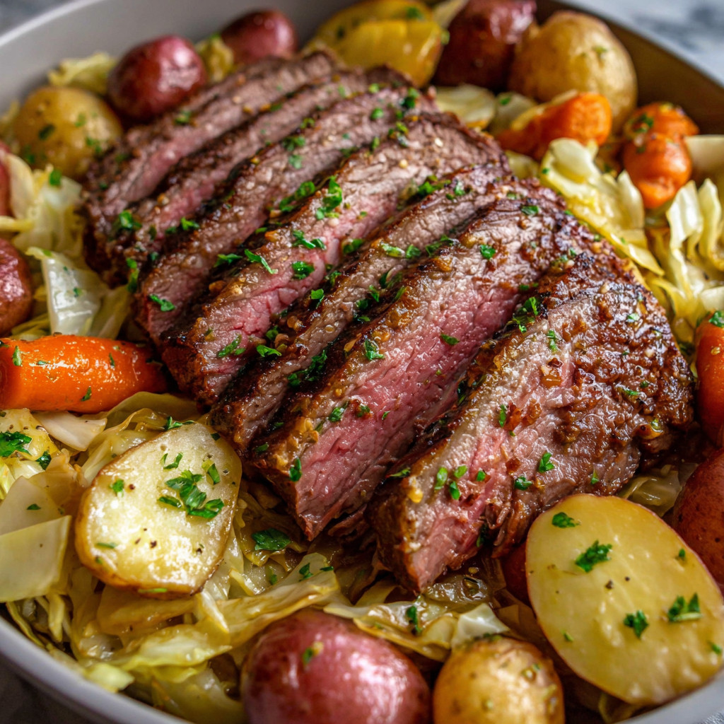 A meal of corned beef, cabbage and potatoes.