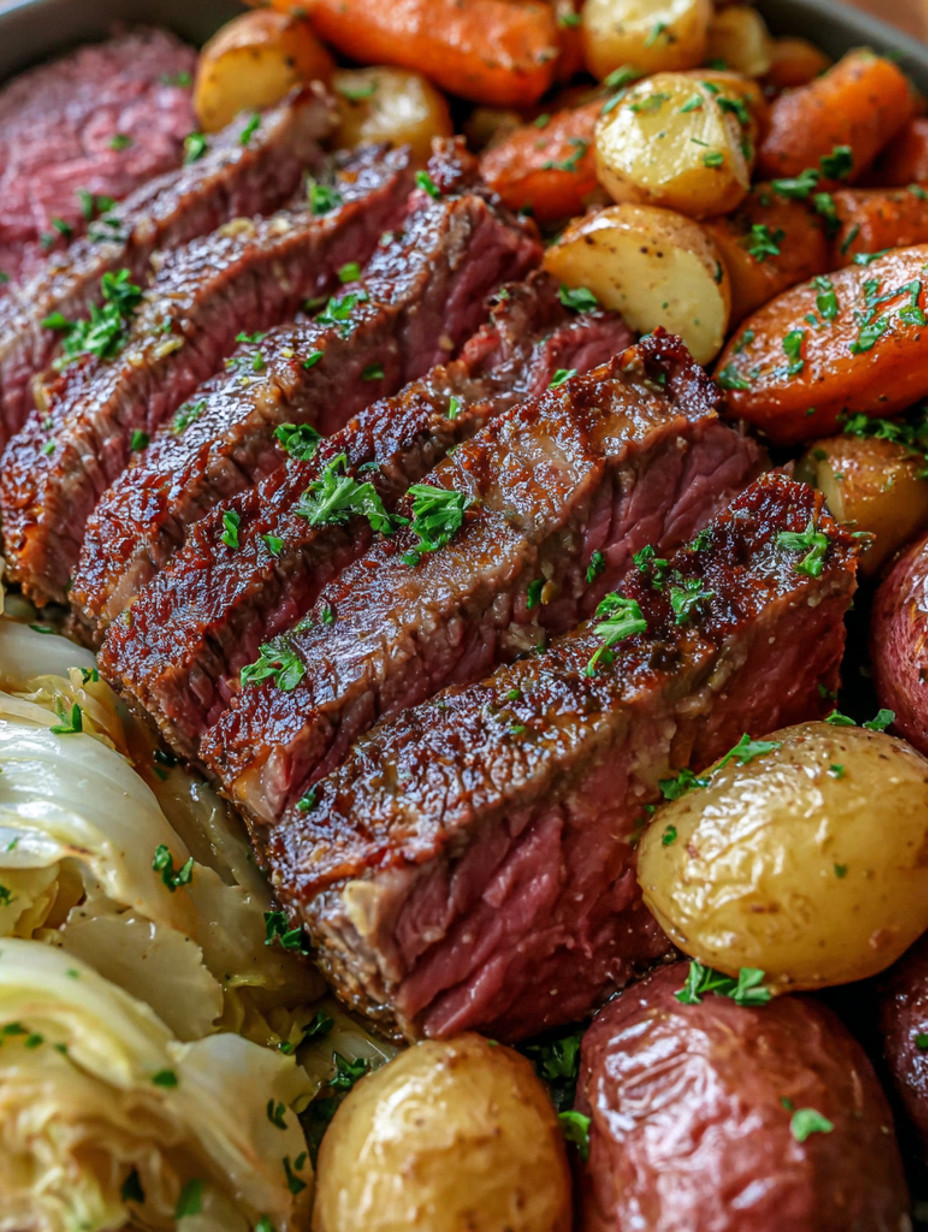 A close up of a corned beef meal with potatoes and cabbage.