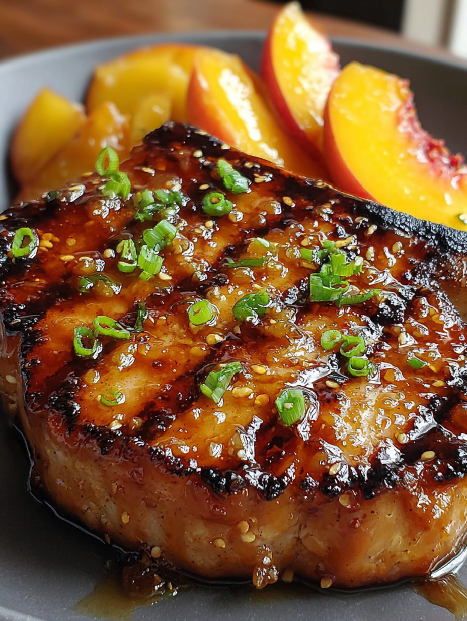 Grilled pork chops with a spicy peach glaze.