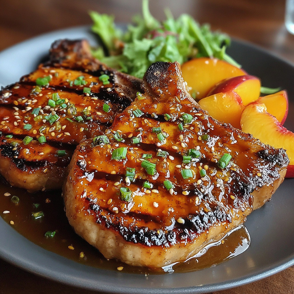 Grilled pork chops with a spicy peach glaze.