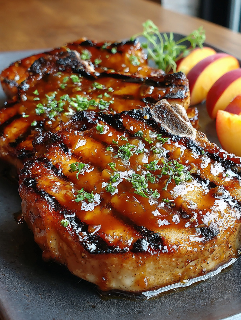 Grilled pork chops with a spicy peach glaze.