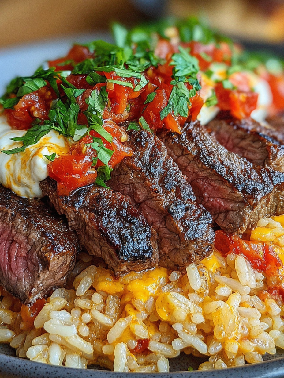 A close up of a steak queso rice bowl.