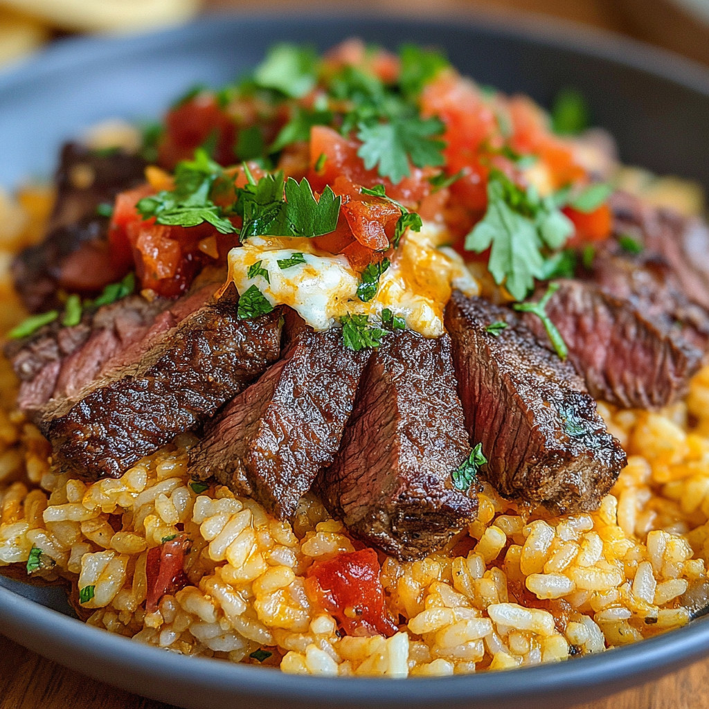 A bowl of rice with steak and cheese on top.
