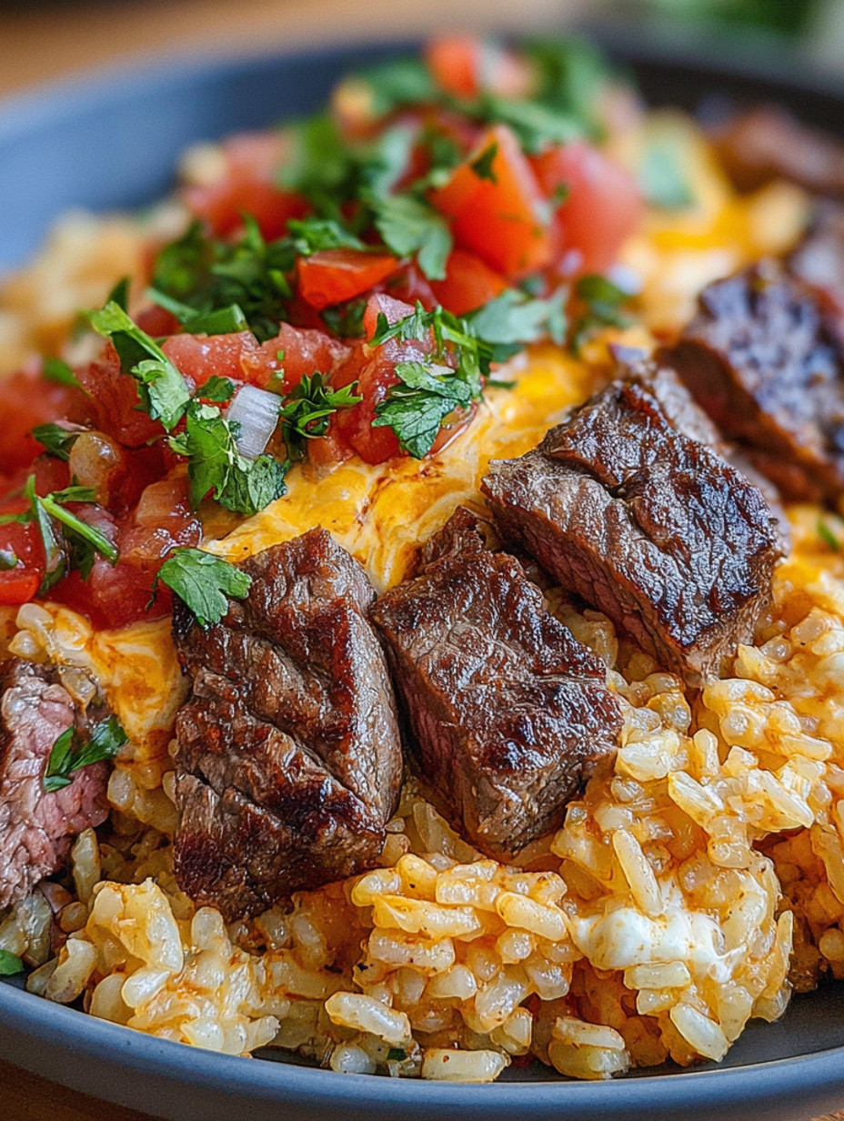 A close up of a steak queso rice bowl.