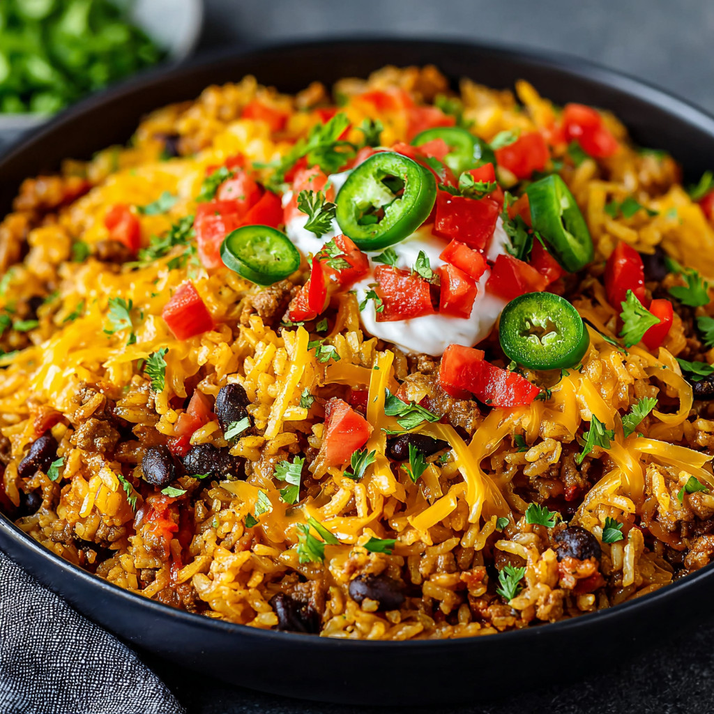 A bowl of cheesy taco rice.