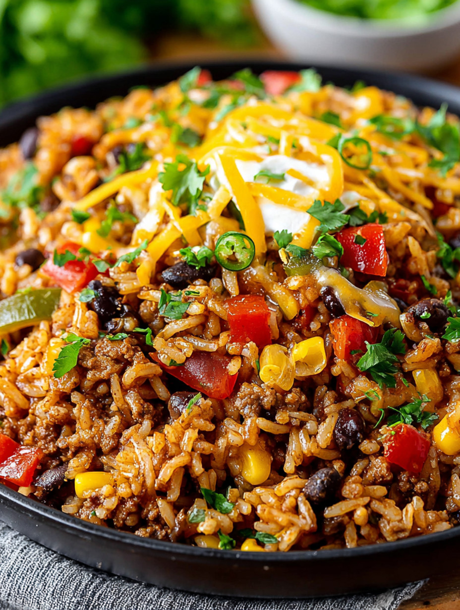 A bowl of rice with cheese and chili on top.