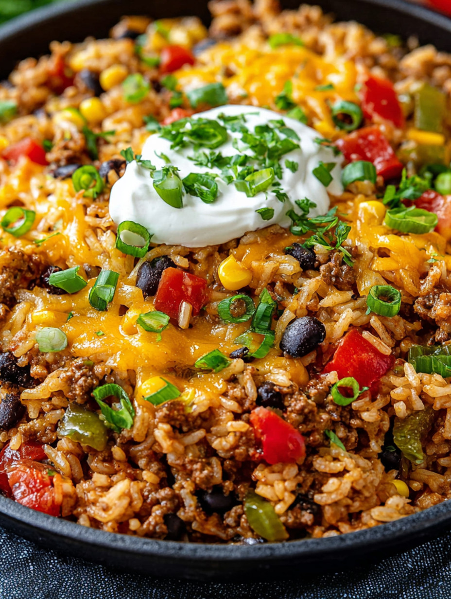 A close up of a cheesy taco rice dish.