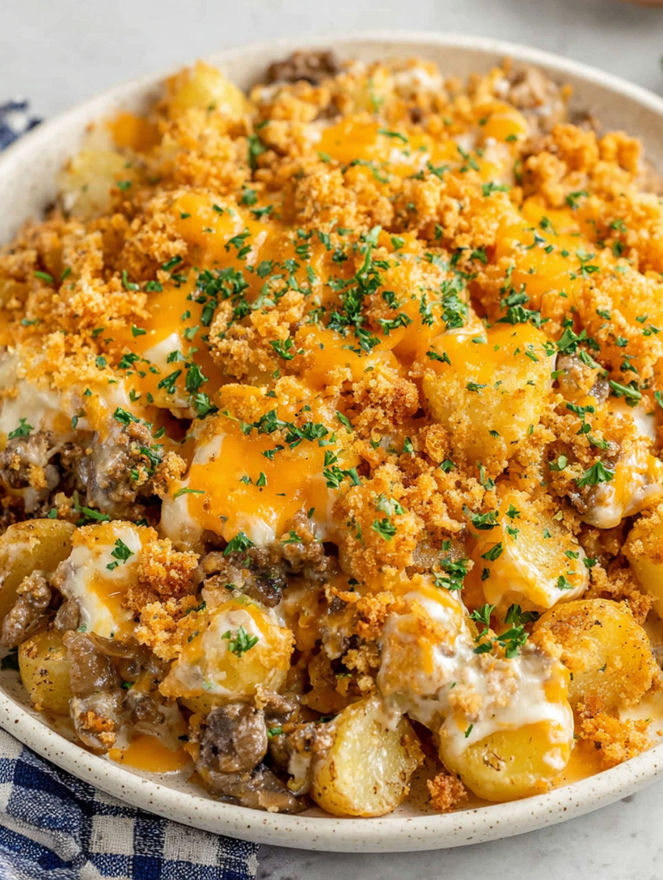 A casserole with ground beef and cheese.