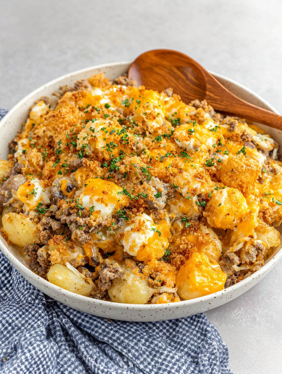 A bowl of ground beef casserole.
