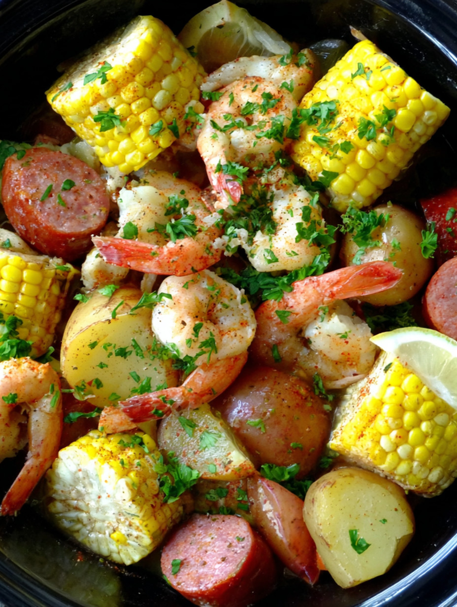 A close up of a shrimp boil with corn and potatoes.