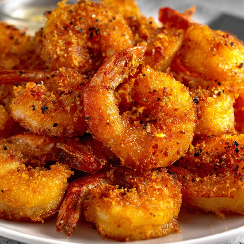 A plate of fried shrimp with a spicy seasoning.