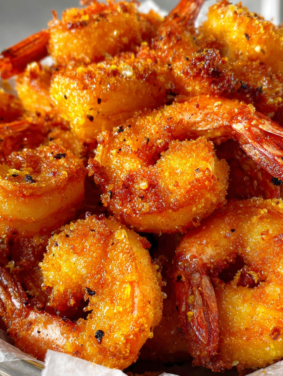 Fried shrimp with a golden brown exterior.
