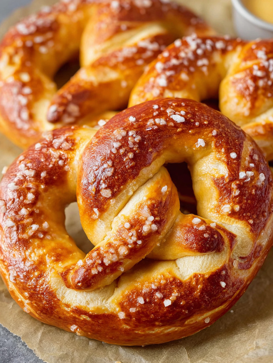 Homemade soft pretzels with cheese sauce.
