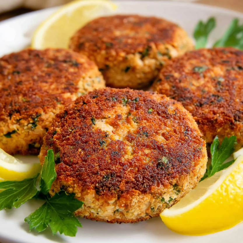 Air fryer salmon patties with lemon wedges.