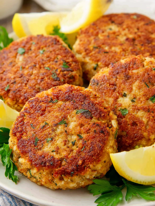 Air fryer salmon patties with lemon wedges.