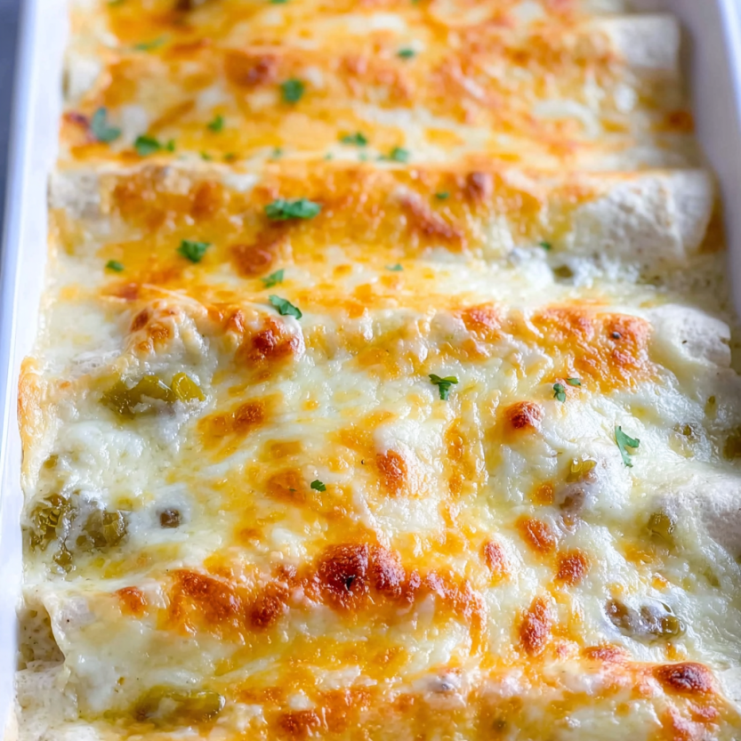 A dish of creamy white chicken enchiladas.