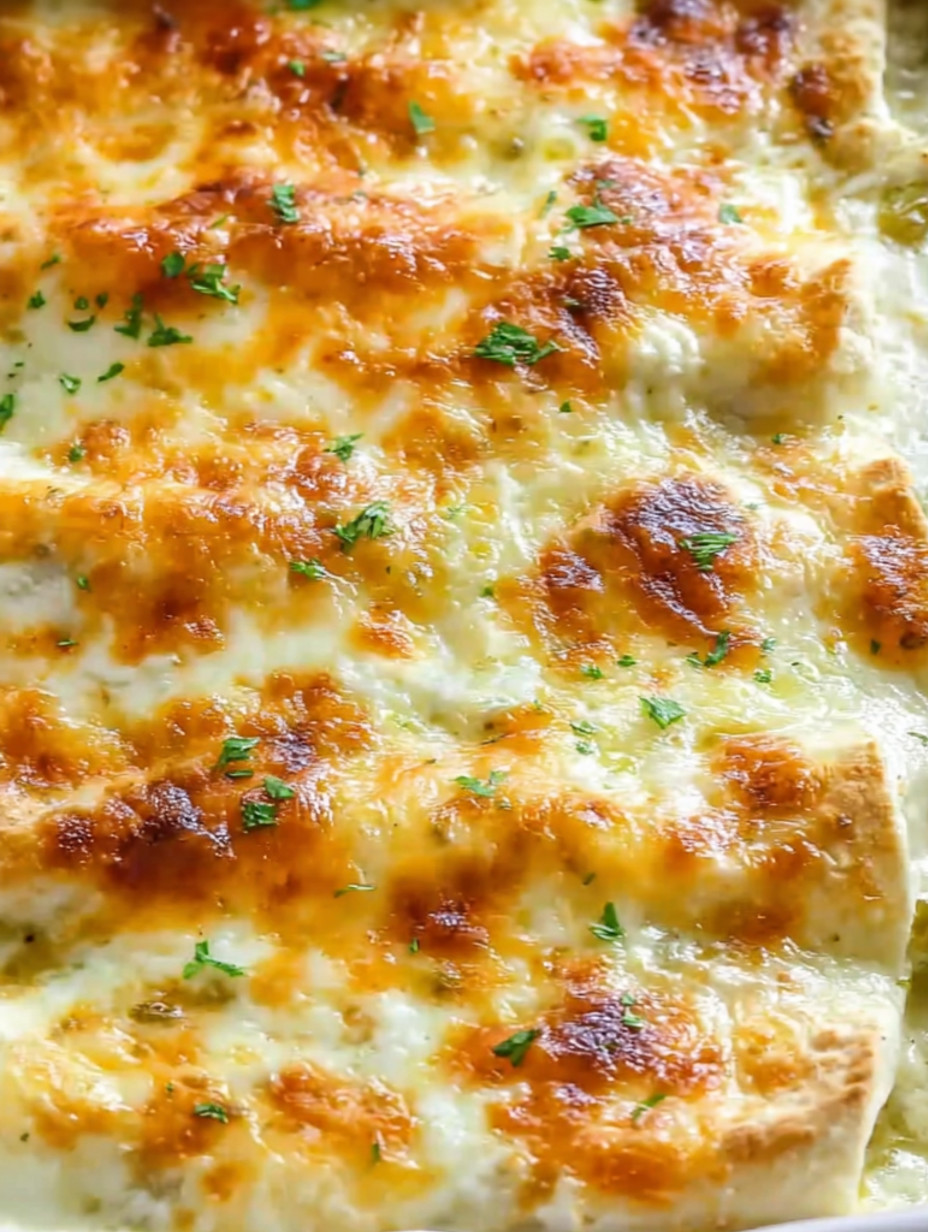 A close up of a creamy white chicken enchilada.