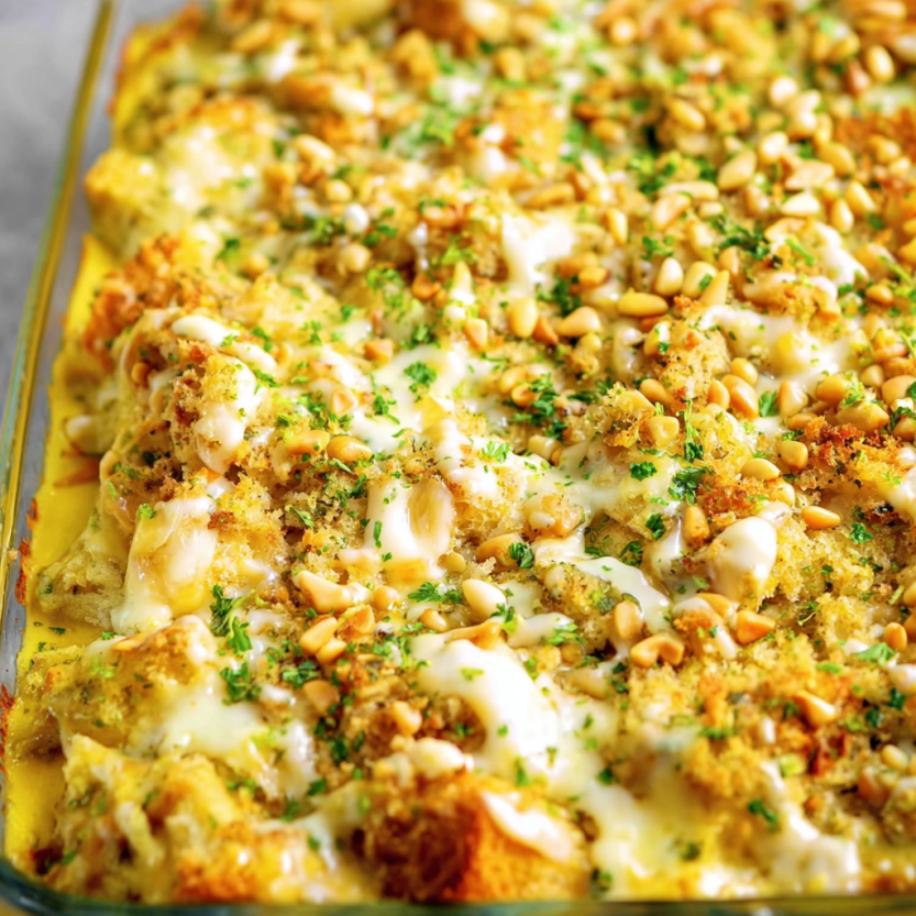 A casserole with chicken and stuffing.
