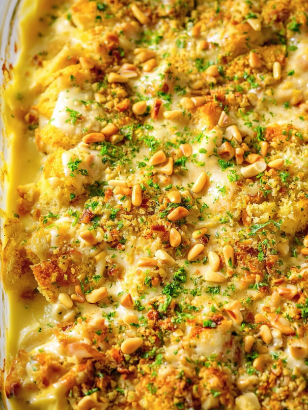 A close up of a chicken and stuffing casserole.
