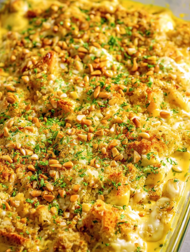 A close up of a chicken and stuffing casserole.