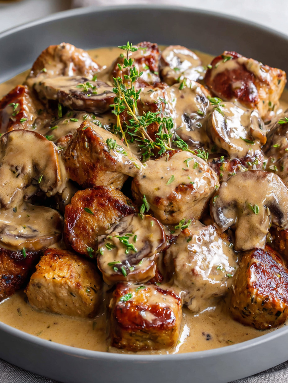 A plate of pork bites with gravy.