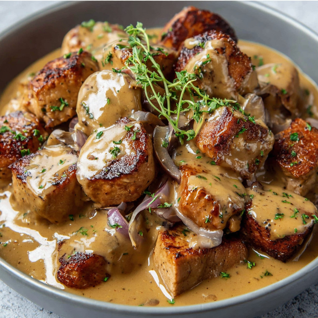 A bowl of pork bites with gravy.