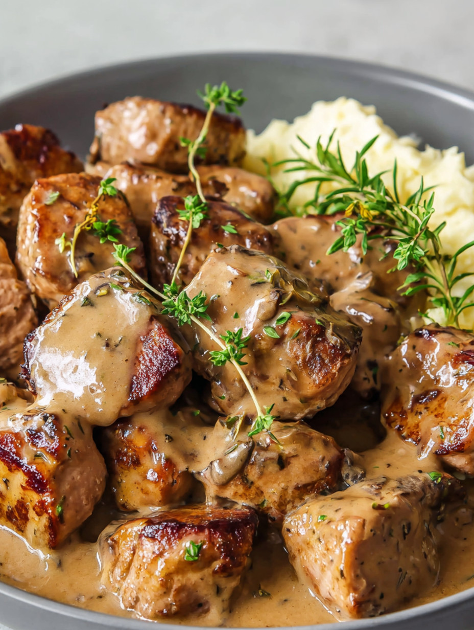 Pork bites with gravy.