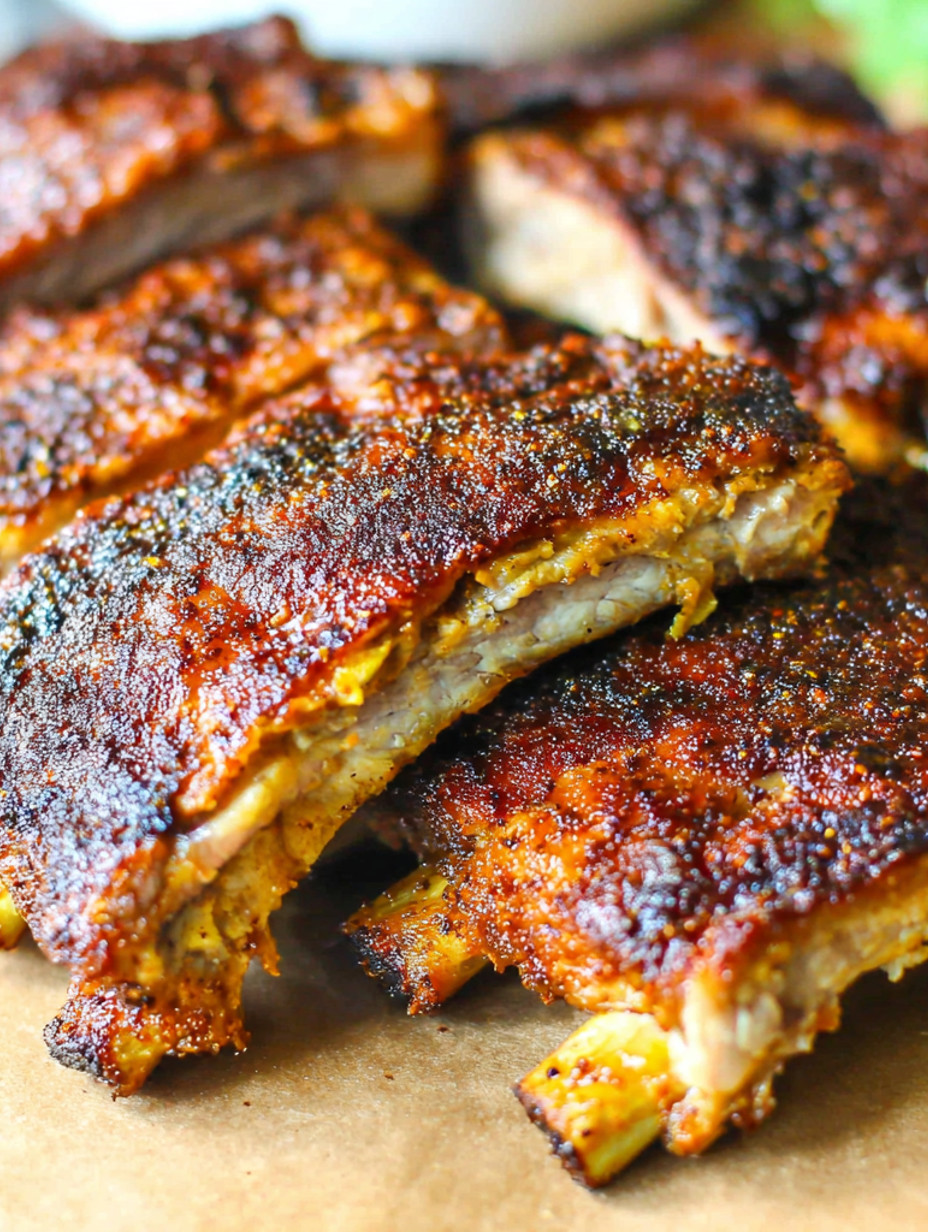 Grilled ribs on a table.