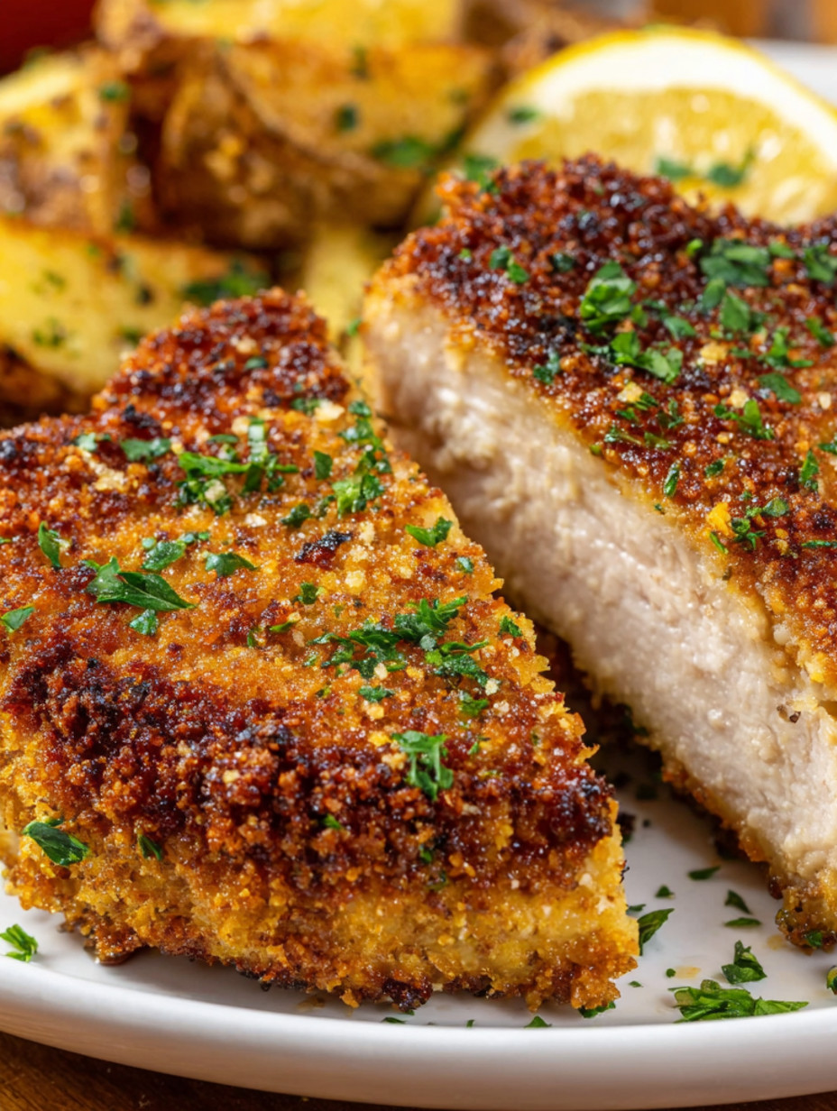 Crispy baked pork chops with herbs.