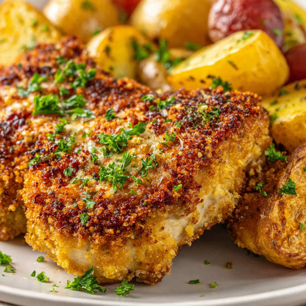 Crispy baked pork chops with potatoes and herbs.