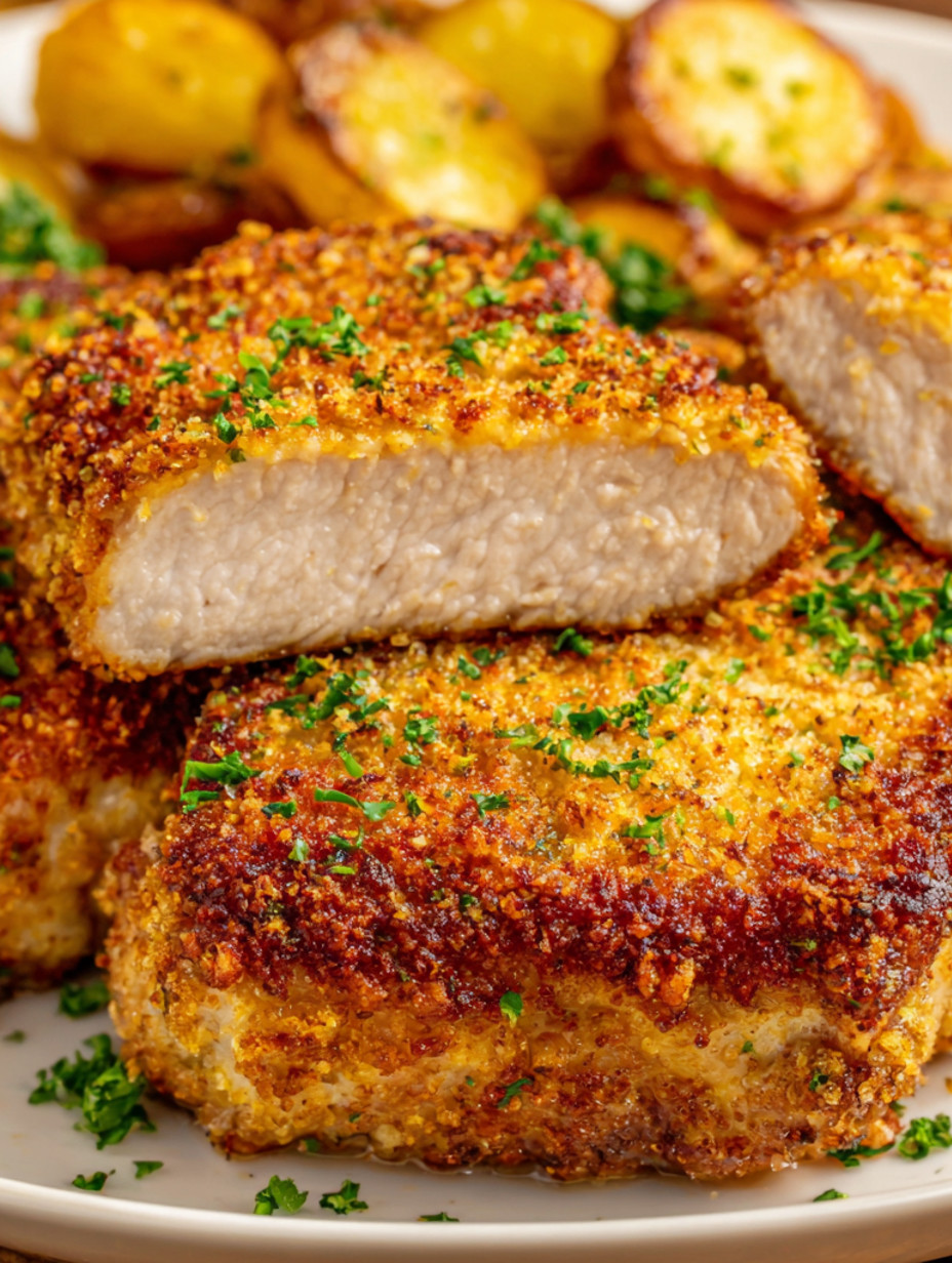 Crispy baked pork chops with herbs.