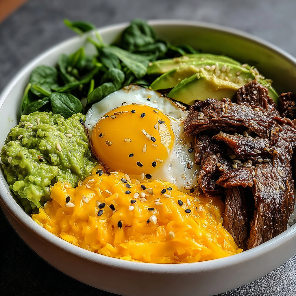 A bowl of food with a fried egg, beef, guacamole, and cheese.