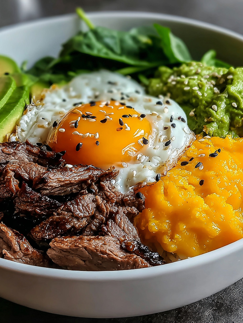 A bowl of food with eggs, beef, guacamole, and cheese.