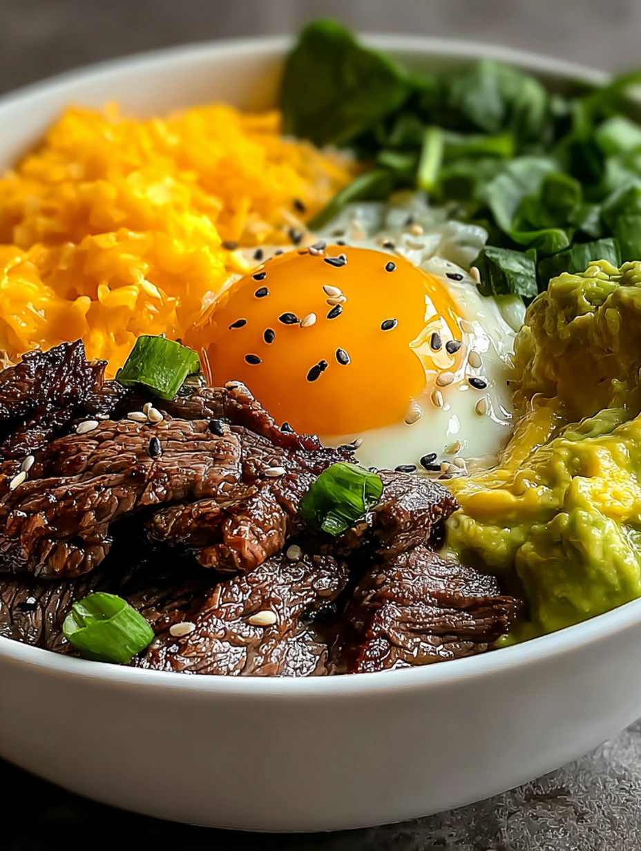 A bowl of food with meat, egg, and guacamole.