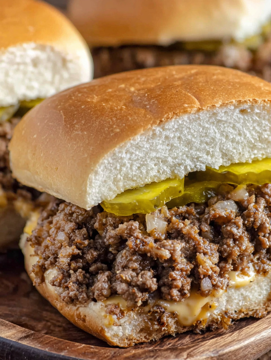 A close up of a sandwich with meat and pickles.