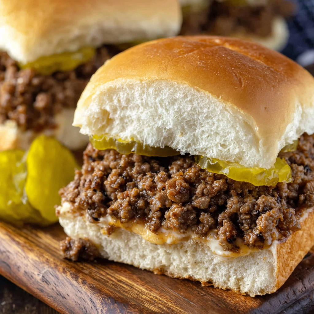 Two pieces of meat sandwiches with pickles.