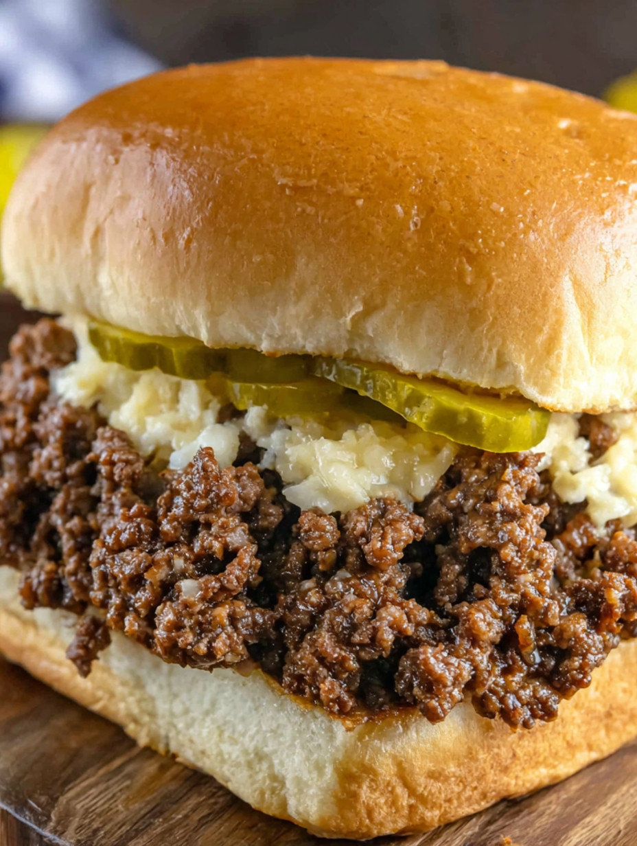 A sandwich with meat and pickles.