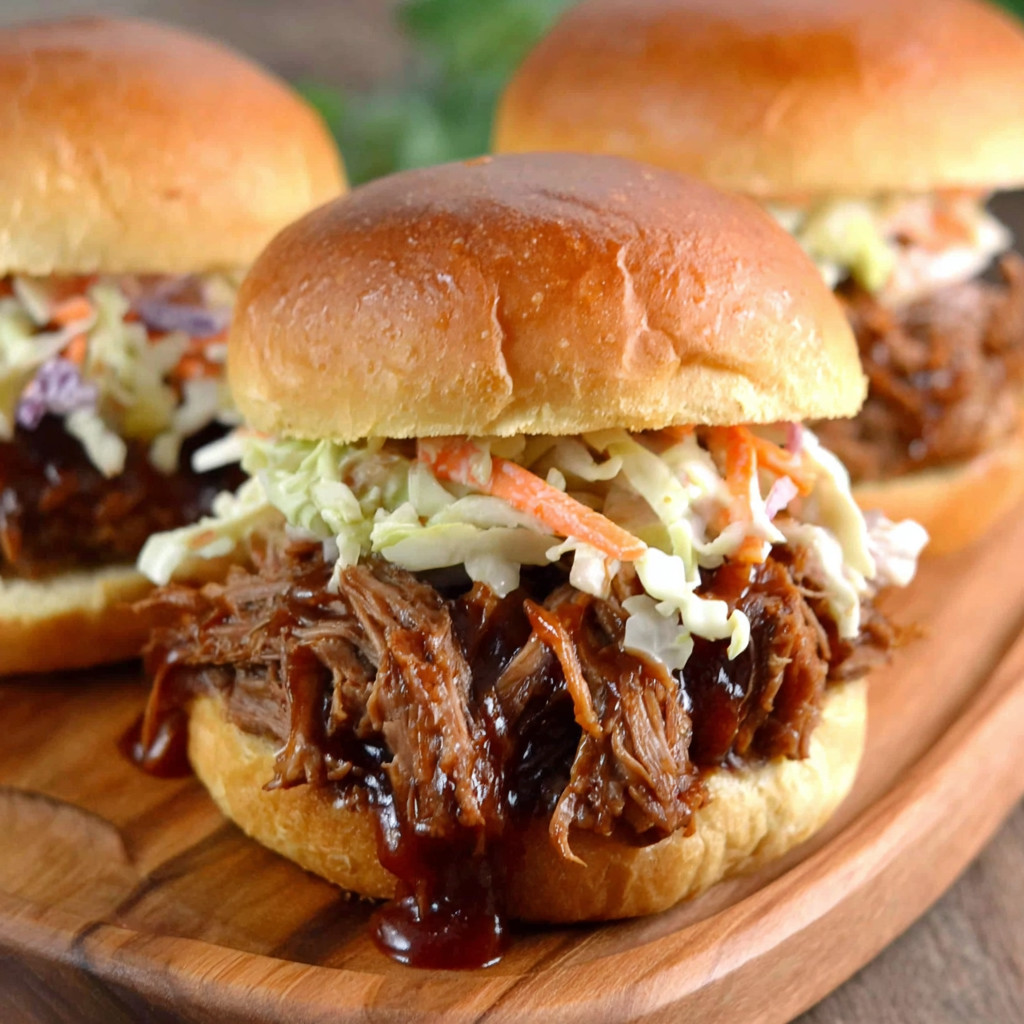 Two sandwiches with coleslaw and barbecue sauce.