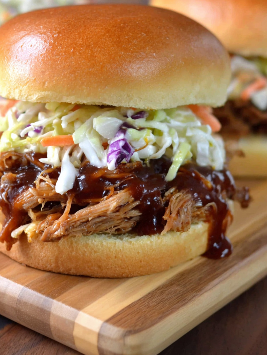 A sandwich with coleslaw and barbecue sauce.