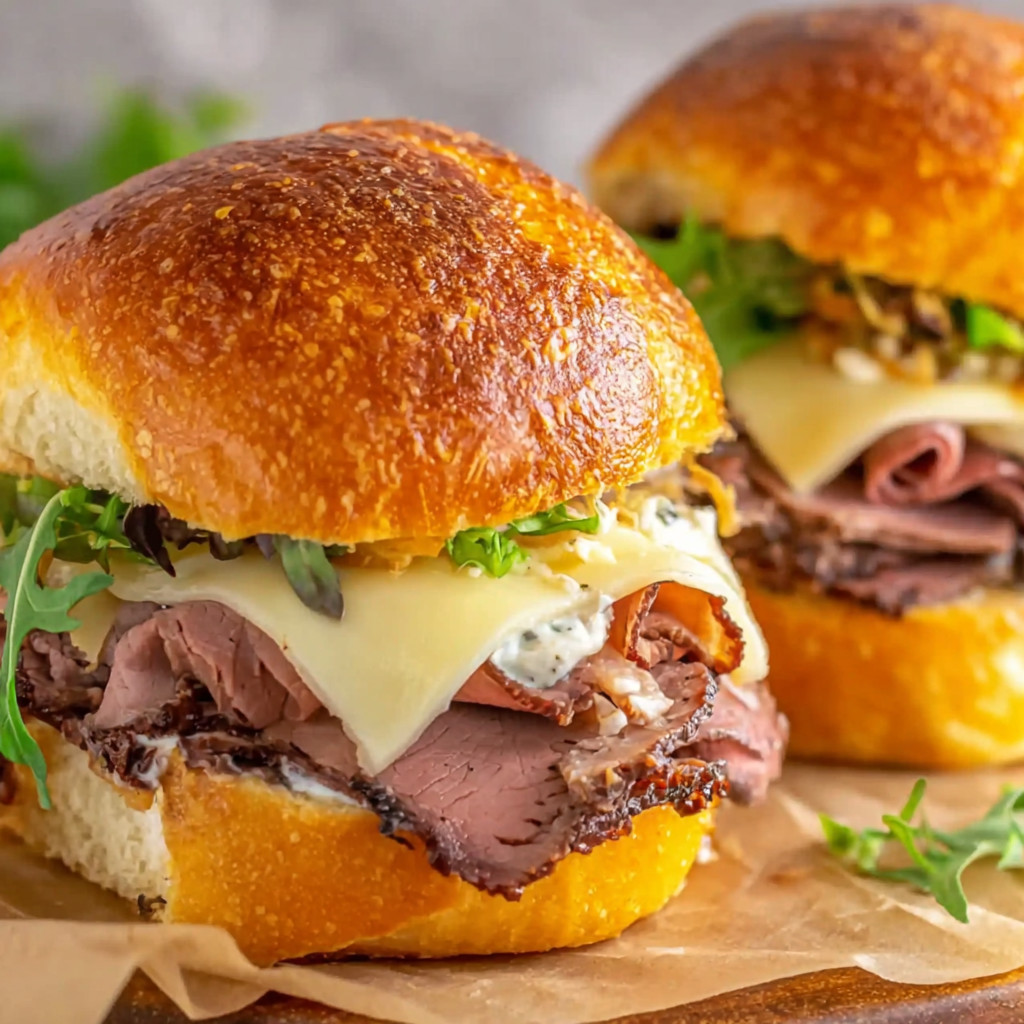 Two air fryer roast beef sandwiches.