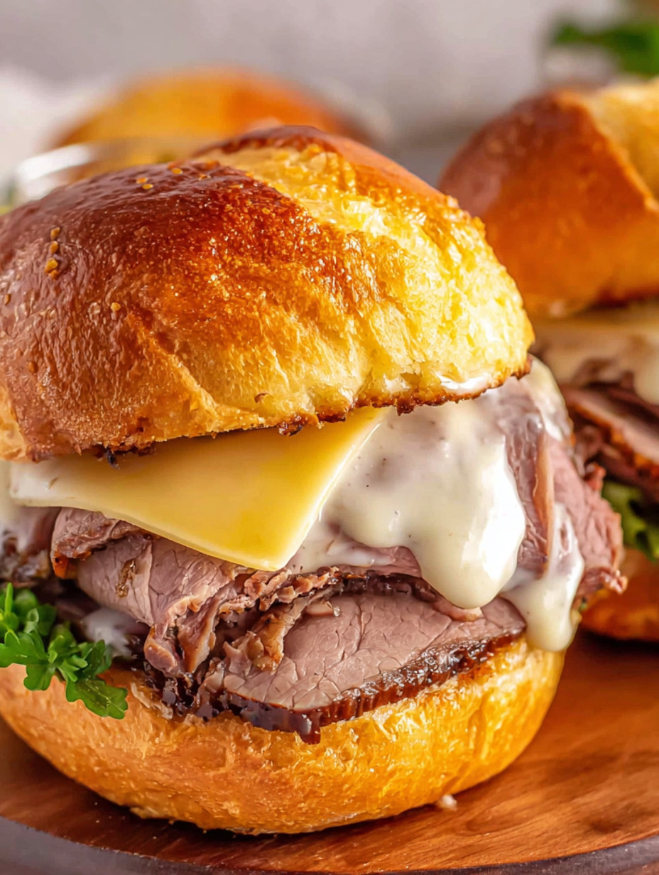 A roast beef sandwich with cheese and lettuce.
