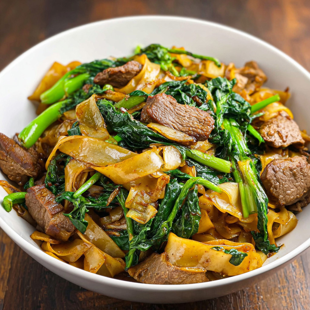 A bowl of Pad See Ew with meat and vegetables.