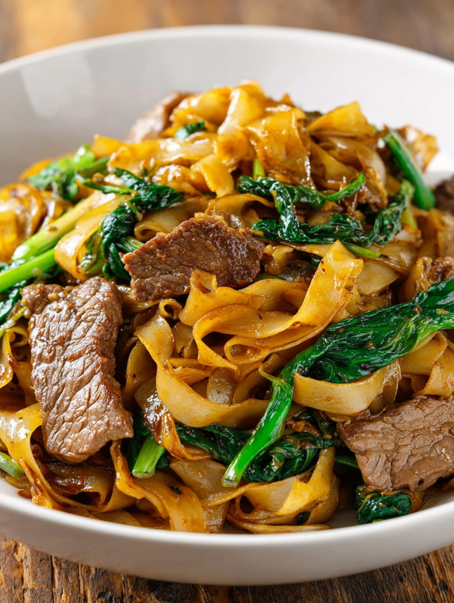 A plate of Pad See Ew with meat and vegetables.