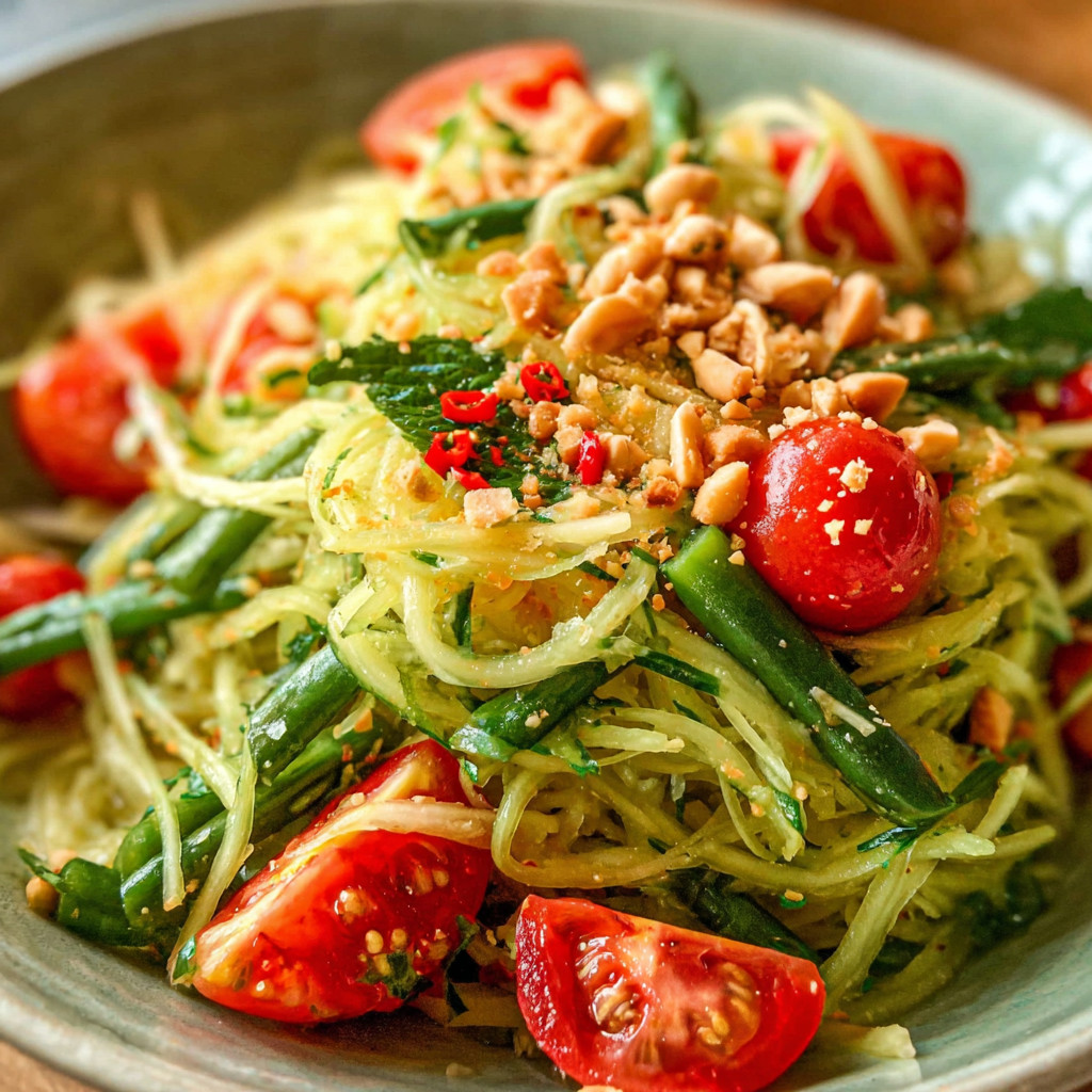 A bowl of food with tomatoes, green beans, and peanuts.