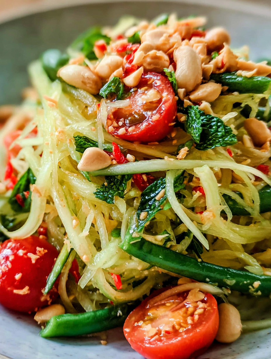 A dish of green papaya salad with nuts and tomatoes.