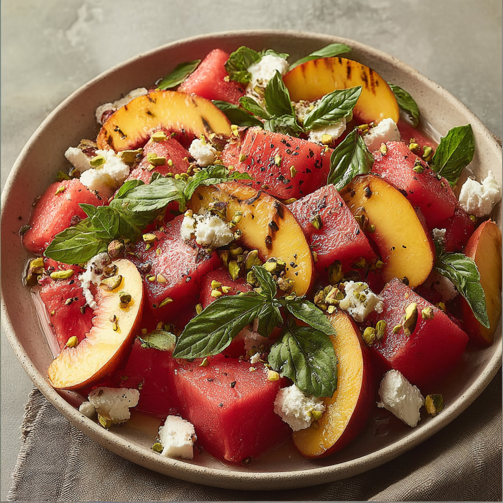 A bowl of watermelon peach salad with basil.