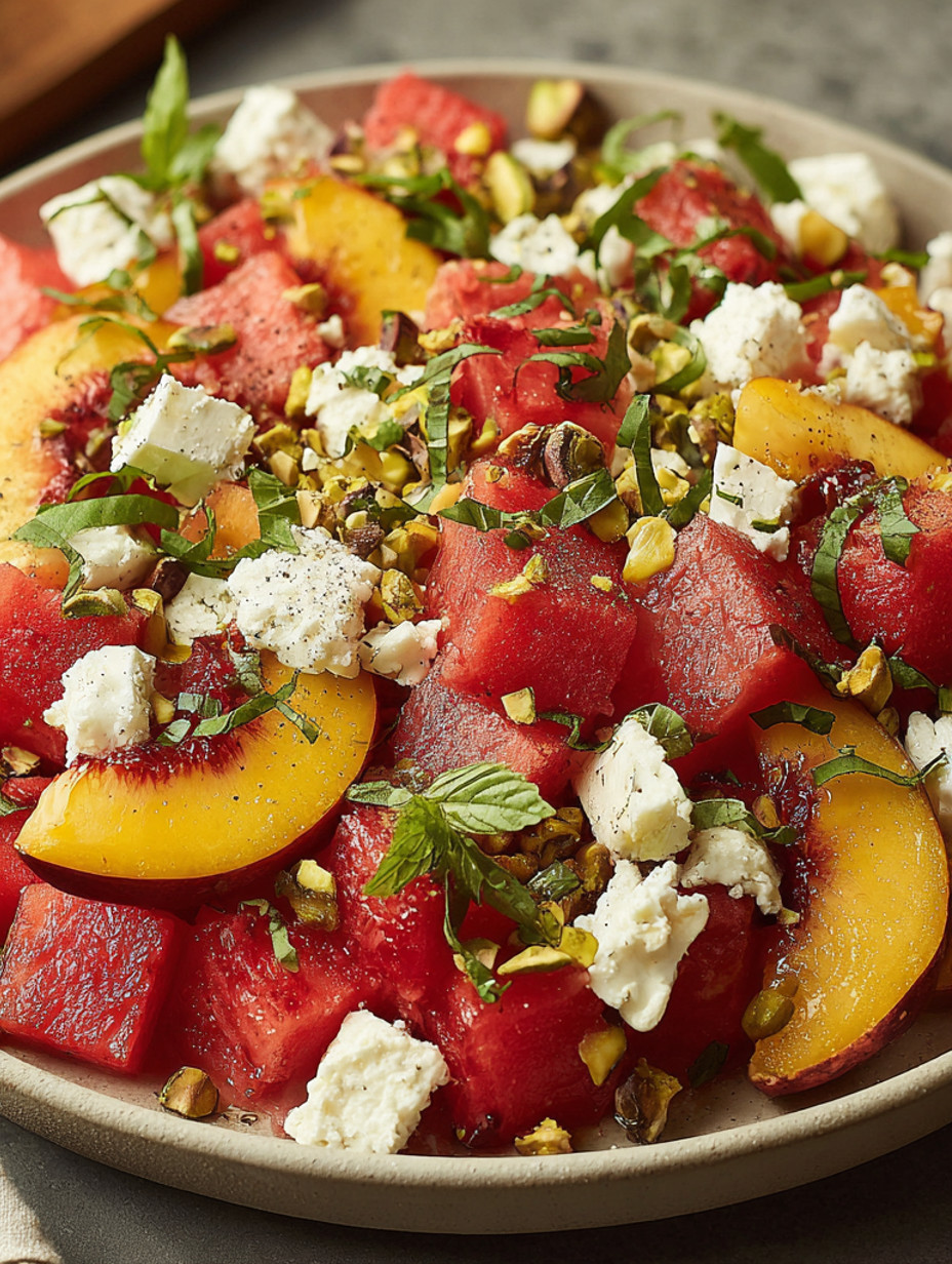 A salad with watermelon, peaches, and basil.