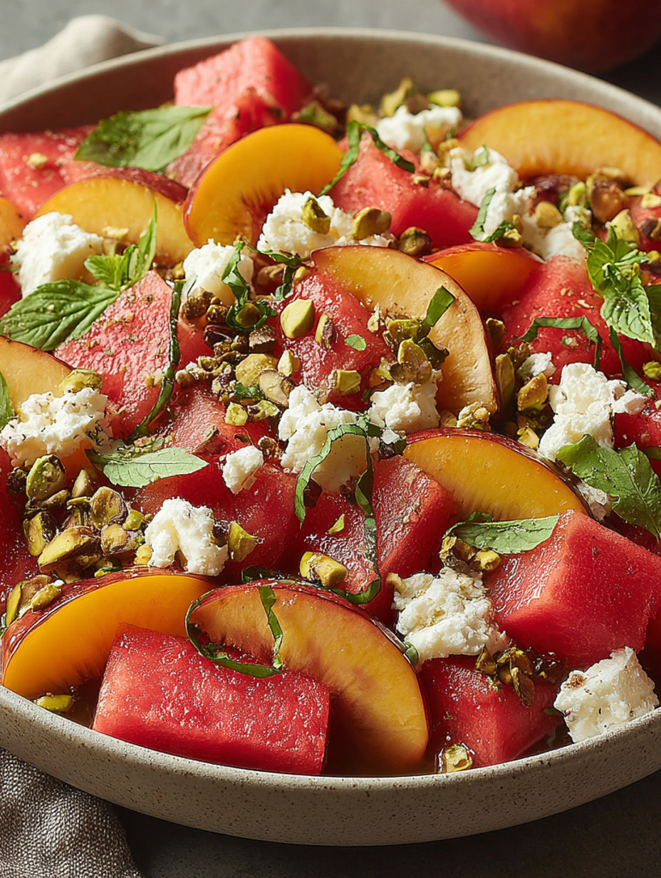 A bowl of watermelon peach salad with basil.