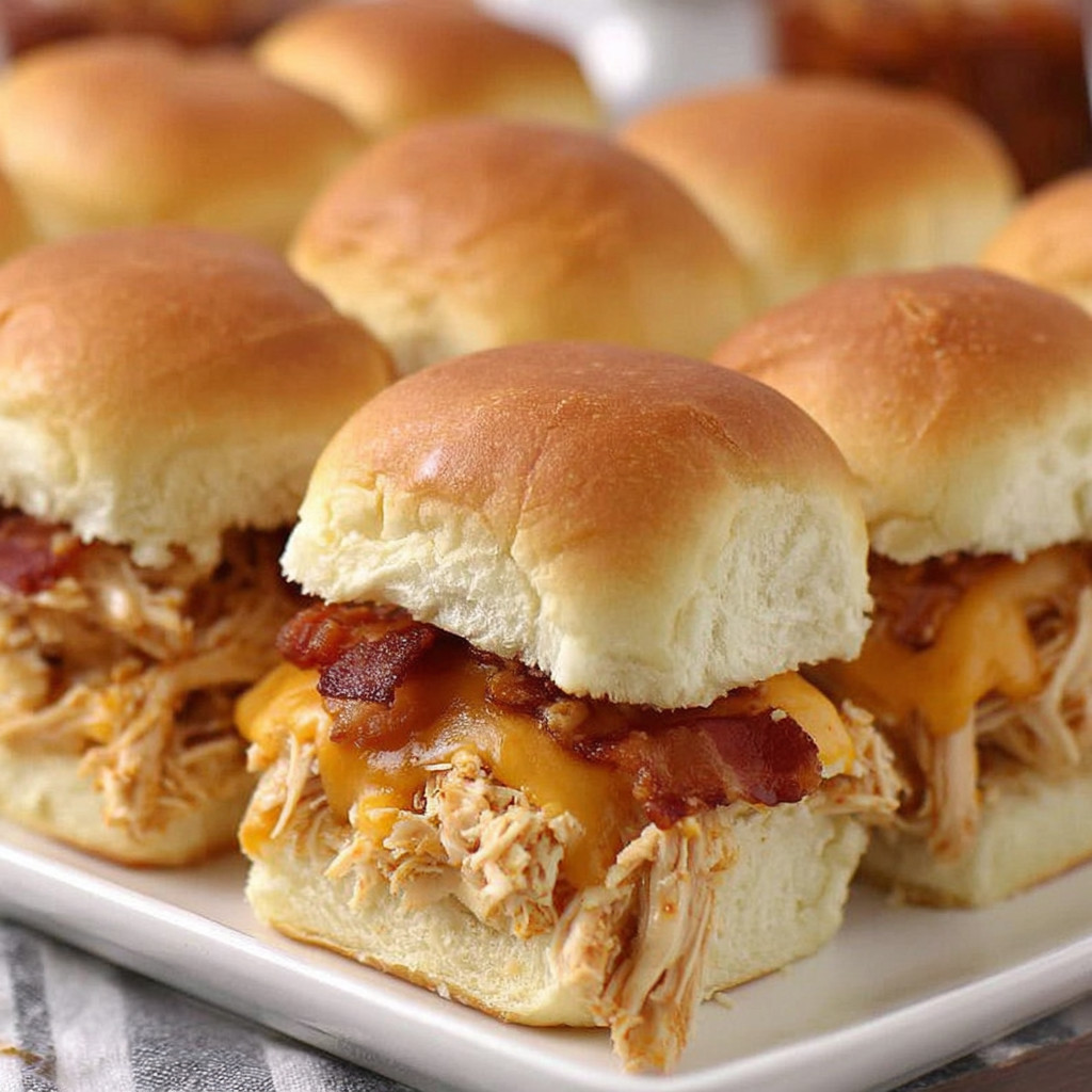 A plate of bacon BBQ chicken sliders.