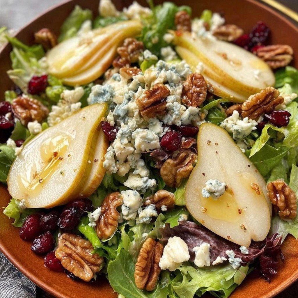 A salad with pear, blue cheese, walnuts, and lettuce.